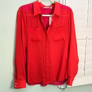 Halogen Two Tone Sheer Blouse Red Pink Button Front Medium NWT
